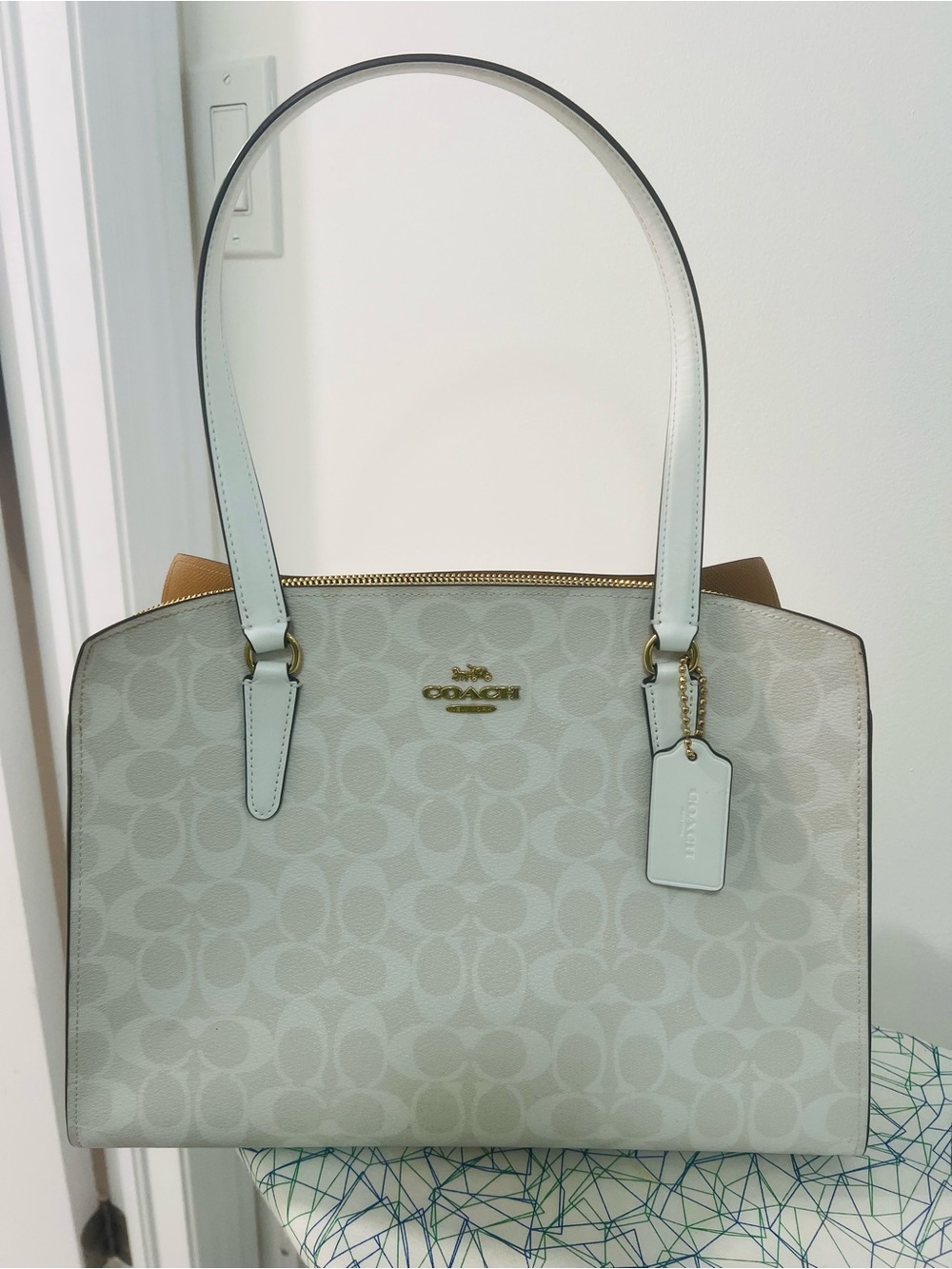 Coach Light Gray Signature Domed Shoulder Tote with Tan Accents - Picture 1 of 4